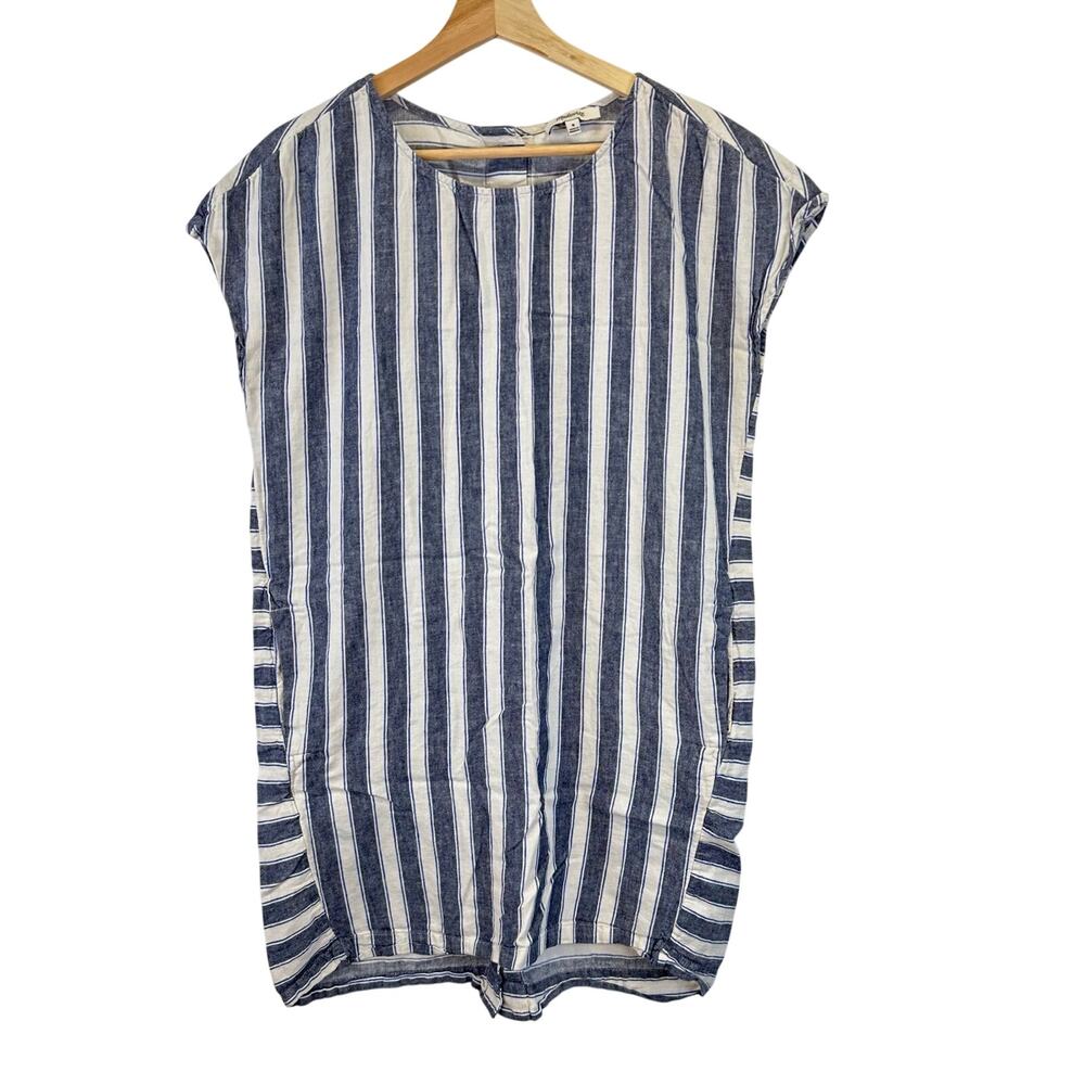 Madewell Blue and White Cap Sleeve Linen Button Back Shift Dress Womens Medium